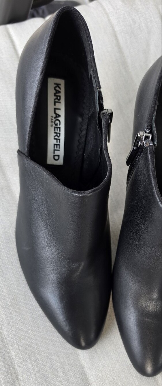 Karl Lagerfeld Mishka Black Leather Pointed Ancle Booties with Side Zipper,Sz.7M